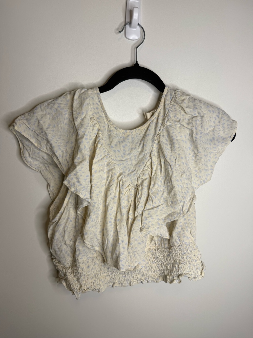 Open edit Light Cream Ruffle Crop Top with Smocked Hem and Subtle Blue large